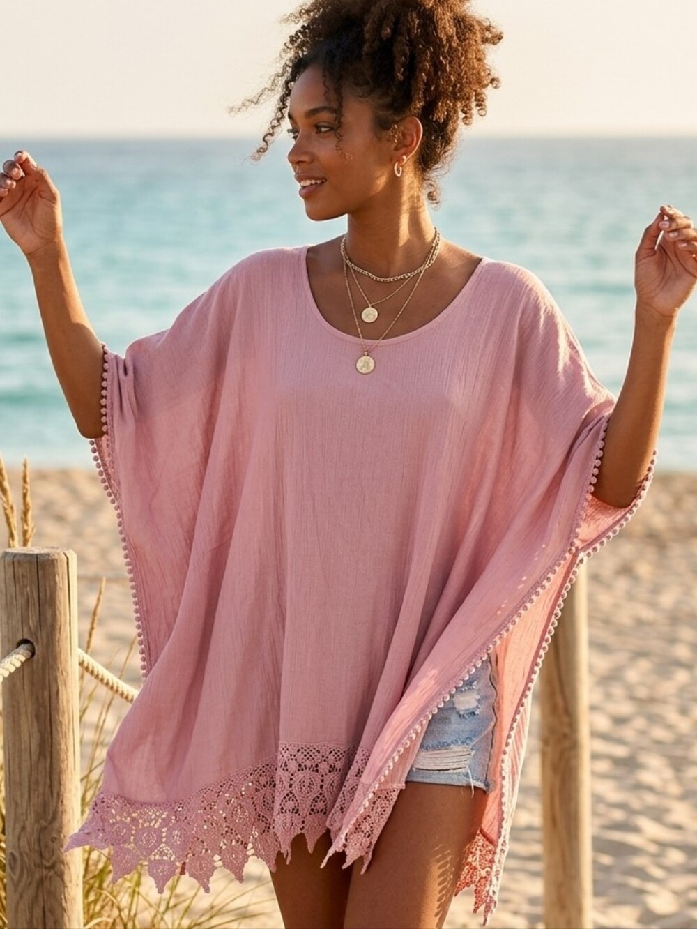 Leah Dusty Rose Pastel Crochet Hem Tunic Oversized S Natural 100% Cotton Comfort